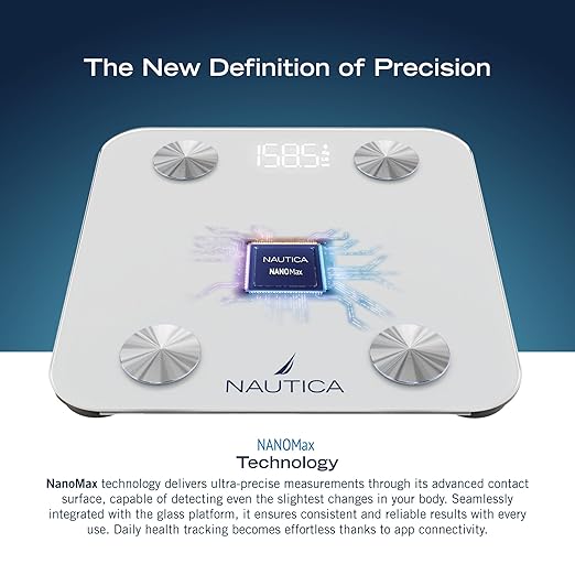 Nautica Body Tracker Digital Bathroom Scale Bluetooth-Enabled Smart Scale with BMI Body Fat Muscle Mass Tracking &amp More Syncs with Smartphone App for Body Composition Tracking 396 Lbs.