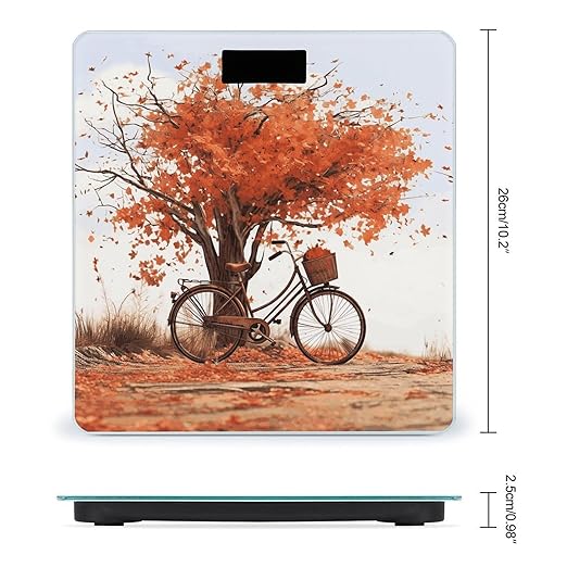 Autumn Tree with Aged Old Bike Scale for Body Weight Anti-Slip Sturdy Tempered Glass Weighing Machine Highly Digital Accurate Bright LCD Bathroom Scale for Household Gift