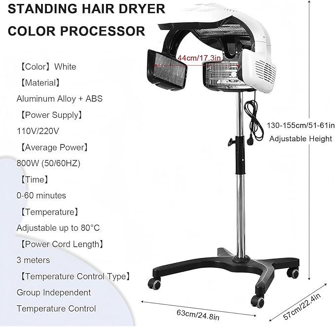 Professional Hair Dryer Rotating Hair Processor w/Wheels Salon Hairdressing Heater w/Temperature and Time LCD Screen and Intelligent Voice Prompts Hair Dryer for Salonshop Home Use 110V