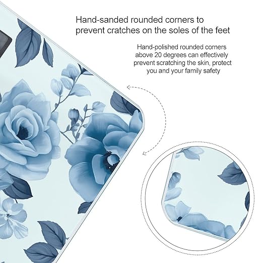 Blue Flower Floral Pattern Roses Bathroom Scale Large LCD Backlight Display Digital Scale Rounded Corners Body Scales Automatic Power On/Off Bathroom Scales for Home Bedrooms