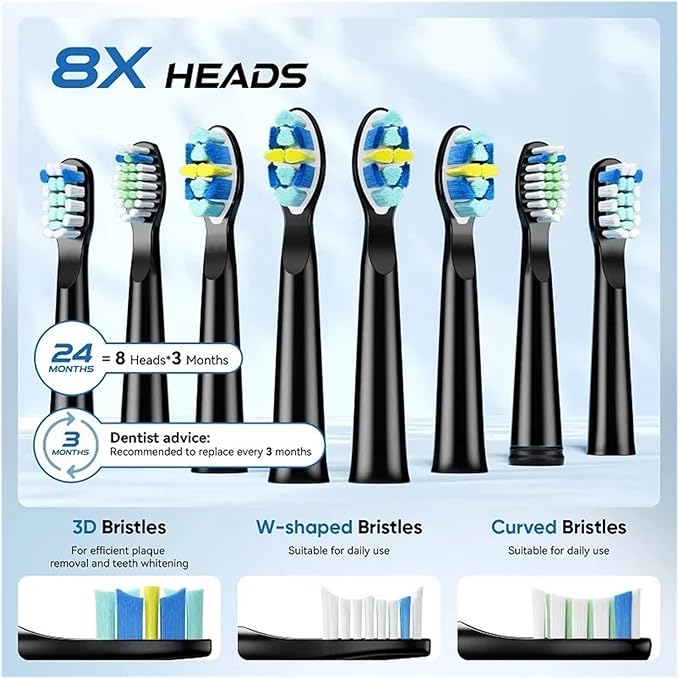 Compatible for Electric Toothbrush Y5 Waterproof Rechargeable Tooth Brush with Replaceable 8pcs Heads(Black)