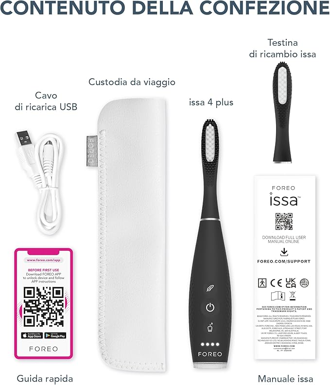 FOREO ISSA 4 Plus Sonic Electric Toothbrush - 4-in-1 AI-Guided Rechargeable Toothbrush Bundle with Extra Silicone &amp Polymer Hybrid Brush Head Soft Bristles Whitening Teeth - Black