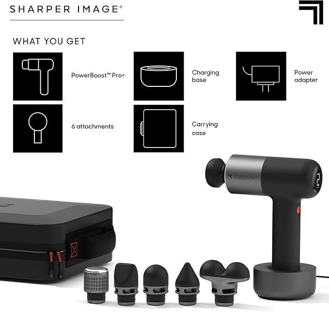 Sharper Image Deep Tissue Percussion Massage Gun Powerboost Pro+ Hot &amp Cold Rechargeable Handheld Massager 6 Adjustable Speeds 6 Attachment Heads &amp Carrying Case Muscle Pain Relief Black