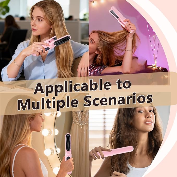 Cordless Hair Straightener Brush Portable Travel Hair Straightener 2 in 1 Cordless Mini Rechargeable Flat Iron &amp Hair Straightener Brush with Dust Cover Digital Display (Pink)