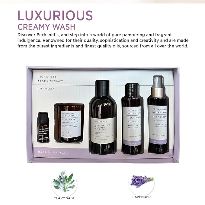 Pecksniff's Fragrance Gift Sets Luxurious Handcrafted in England (Aroma:Therapy Deep-Sleep: Bath Soak Candle Pillow Spray Massage Oil)