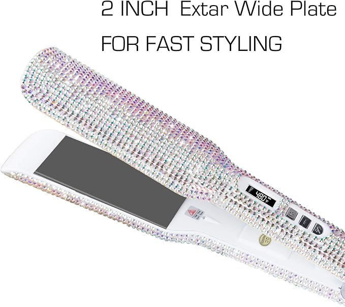 DORISILK Crystal Diamond Titanium Hair Straightener 2 Inch Rhinestone Flat Iron Dual Voltage Straightening Irons Instant Heat-up 480°F Quick Styling LCD Display Gorgeous Rhinestone (AB Shine)