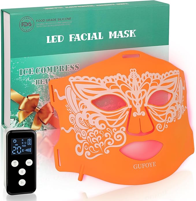 Red Light Therapy for Face Mask with Ice Compress 850nm Infrared Red Light Therapy 7+1 Light Modes Led Face Mask Light Therapy Level 5 Timing 3000mAh Led Mask Light Therapy for Home Orange