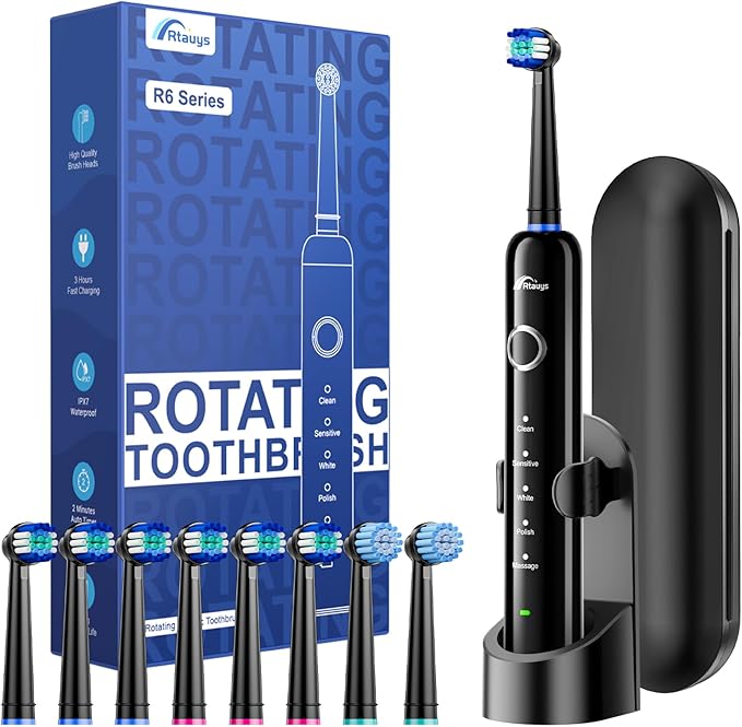 Rtauys Rotating Electric Toothbrush for Adults with 8 Brush Heads (2 Types) 5 Modes Rechargeable Power Toothbrush with Travel Case and 2 Minute Smrte Timer