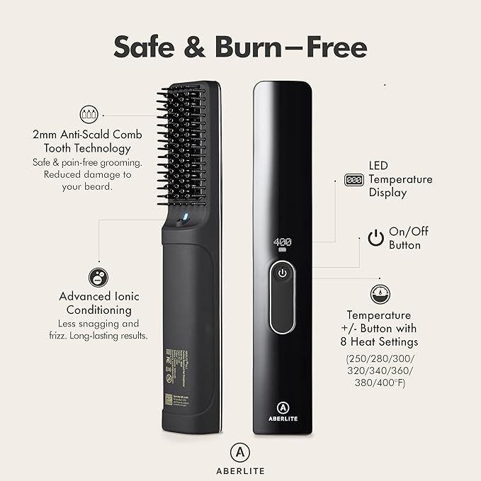 Aberlite Go 2 - Cordless Beard &amp Hair Straightener - Pain-Free Anti-Scald Comb Tooth - Advanced Ionic Conditioning - Wireless Straightener Heated Brush Comb- for All Beard Types