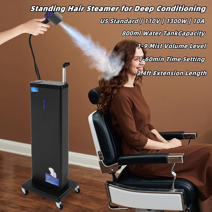 Professional Standing Hair Steamer Machine 1300W Hair Processor with Adjustable Telescopic Rod &amp 360° Wheels | 9 Mist Settings 800ml Tank for Salon &amp Home Hair Treatment Deep Conditioning
