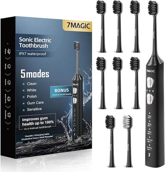 7MAGIC Sonic Electric Toothbrush for Adults and Kids - Up to 180 Days Runtime 42000 VPM Powered Toothbrush 5 Modes &amp 3 Intensities for Sensitive Teeth &amp Braces Includes 8 Brush Heads Black