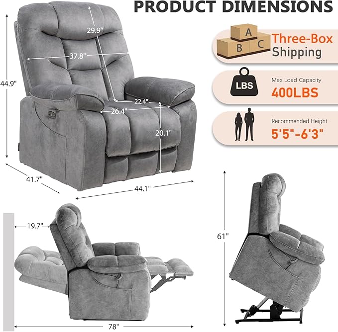 EONIX Oversized Wide Big Man Power Lift Recliner Chair for Elderly with Heat and Massage 400lbs Dual Motor Lay Flat Electirc Lift Chair with Extended Footrest SLRY008063 Grey