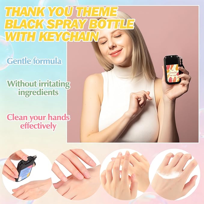Frienda 24 Set Travel Size Hand Sanitizer Spray Bulk Portable Power Mist Thank You Mini Hand Sanitizer Employee Appreciation Day Gifts for Teacher Coworker Team Women's Day (KeychainBlack)