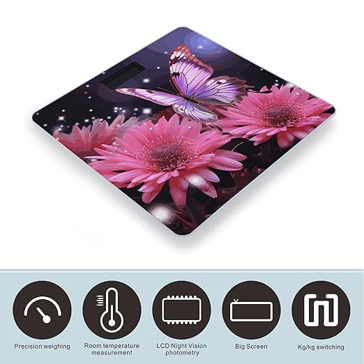 Pink Flower Purple Butterfly Scale for Body Weight Anti-Slip Digital Bathroom Scale Sturdy Toughened Glass Weighing Scales High Precision Safe Rounded Corners Smart Scales
