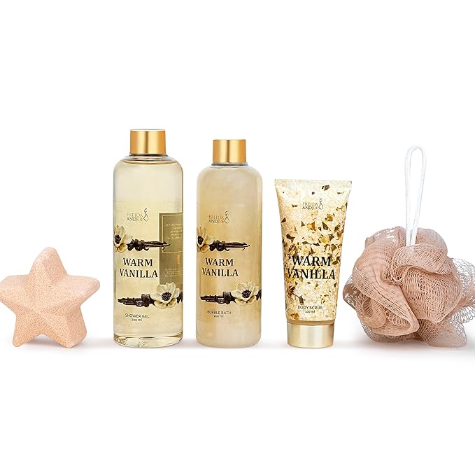Freida &amp Joe Fragrance Bath &amp Body Collection Gift Box Includes Shower Gel Body Lotion Body Scrub Bath Bomb &amp Sponge (Warm Vanilla)