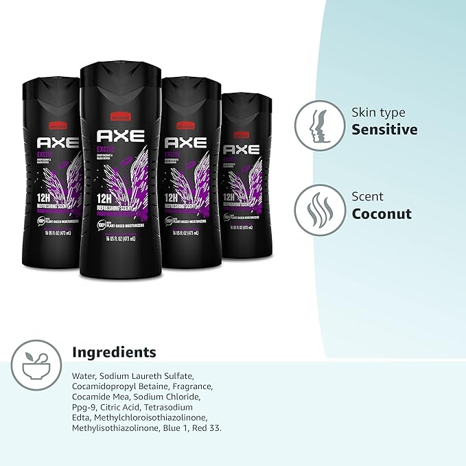 AXE Body Wash 12h Refreshing Scent Excite Crisp Coconut &amp Black Pepper Men's Body Wash with 100% Plant-Based Moisturizers 16 oz(Pack of 8)