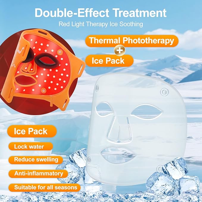 Red Light Therapy for Face Mask with Ice Compress 850nm Infrared Red Light Therapy 7+1 Light Modes Led Face Mask Light Therapy Level 5 Timing 3000mAh Led Mask Light Therapy for Home Orange
