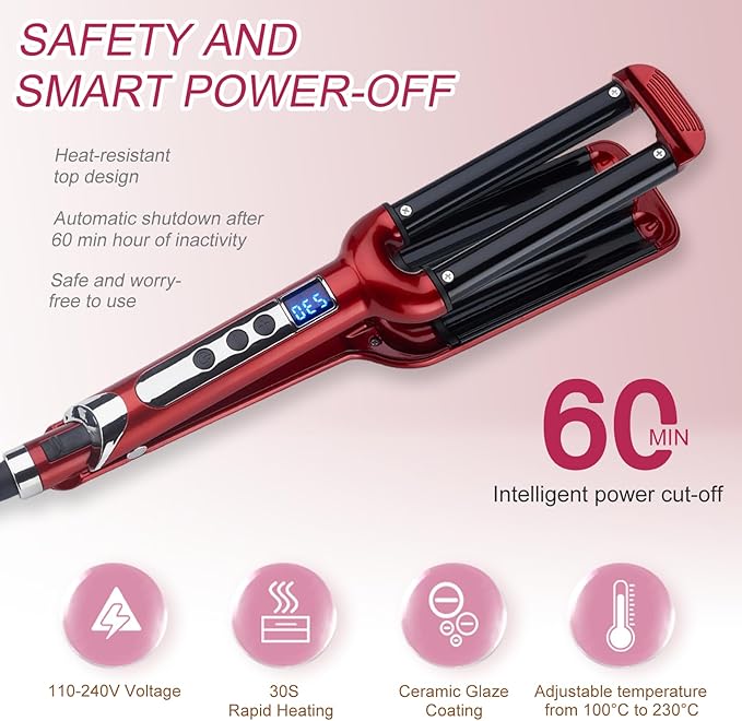 Wave Curling Iron 3 Barrel Hair Tool with Adjustable Temperature 100°C to 230°C for Women Fast Heating Anti-Scald 0.6 Inch Hair Crimper with Intelligent Power Off for All Hair Types (Red)