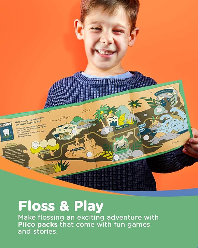 Piico Unflavored Kids Floss - No Fluoride Dual Line Dental Floss Picks - Fun Oral Care in Colorful Floss Sticks Design - Flossers Prevent Tooth Decay &amp Gum Disease - 300 Playground Dino &amp Trav