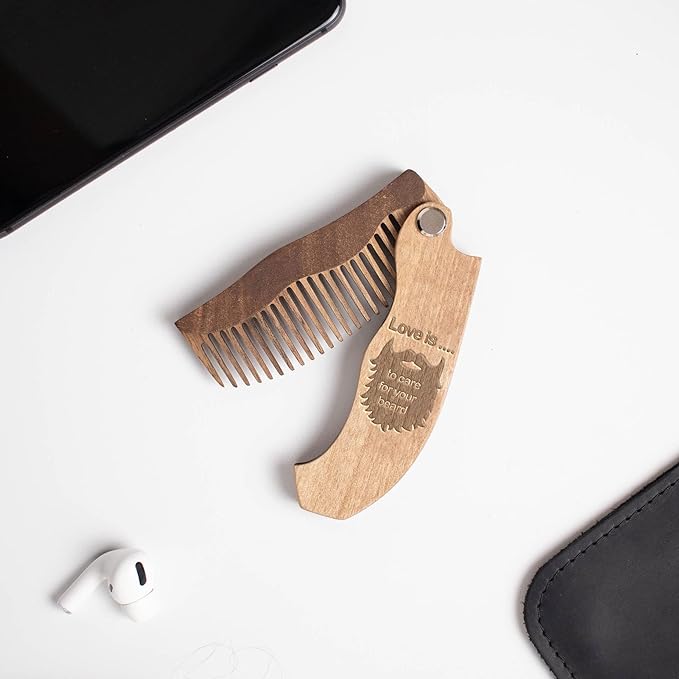 Wooden Beard Comb for Men - Personalized Folding Pocket Comb for Moustache Beard &amp Hair Walnut Combs Engraved (Love Is)