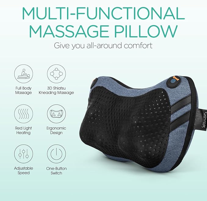 VOYOR-HEALTH Shiatsu Neck and Back Massager with Heat - 3D Kneading Deep Tissue Massage Pillow for Lower Back Shoulder Calf Foot Use at Home Car Office (Pale Blue)