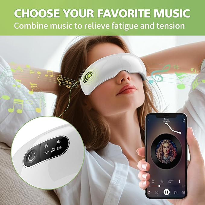 NOWWISH Eye Massager with Heat Vibration and Bluetooth Music for Migraine Headache Eye Strain Relief Heated Eye Mask with 4 Massage Modes Relaxation -Mothers Day Gifts for Mom Wife -White