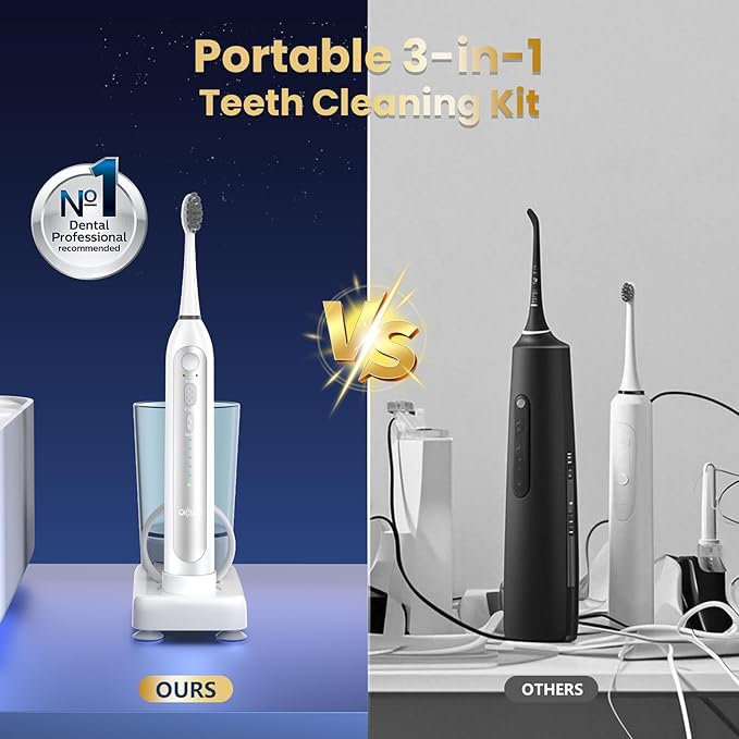 Electric Toothbrush with Water Flosser 3 Sonic Toothbrush Modes &amp 5 Water Pressures Rechargeable &amp Portable for Adult Teeth Cleaning and Plaque Removal IPX7 Waterproof 30-Day Battery