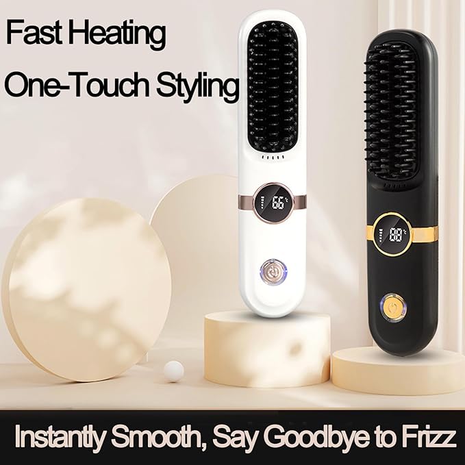 Cordless Portable Hair Straightener Brush Rechargeable Heated Styling Comb with 3 Heat Settings &amp LED Display Adjustable Cordless Hair Brush for Travel Office Gym &amp Daily Touch-Ups (Black)