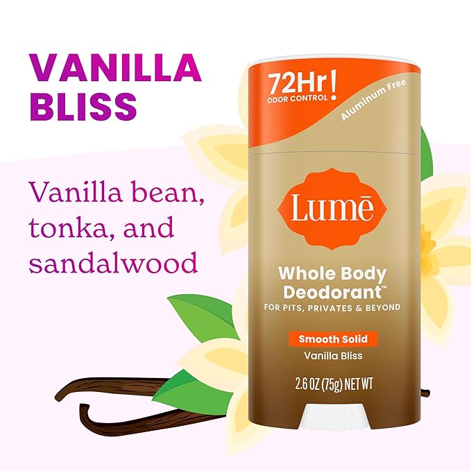Lume Whole Body Deodorant - Smooth Solid Stick - 72 Hour Odor Control - Doctor Developed - Aluminum Free Baking Soda Free and Skin Loving - 2.6 Ounce (Pack of 2) (Vanilla Bliss)