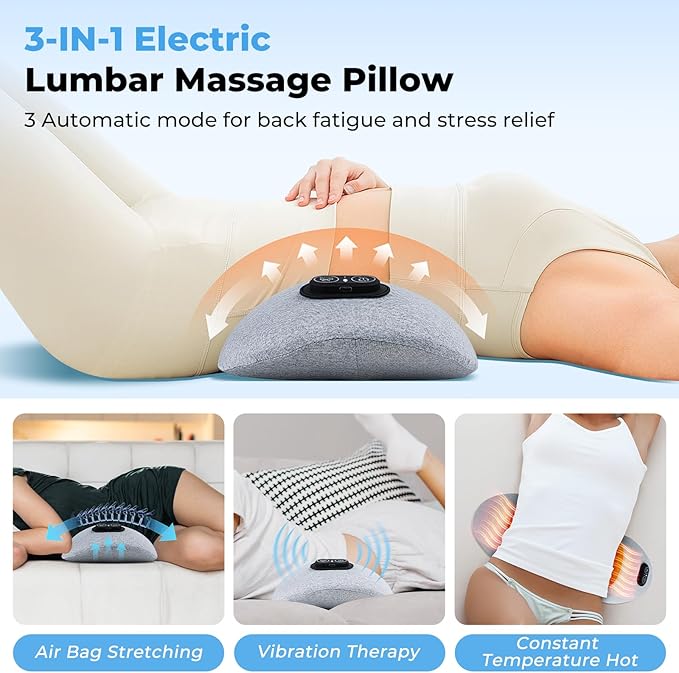 3 in 1 Electric Back Massager Triple Fusion Back Massager with Heat Lumbar Support Pillow for Bed and Chair - Grey