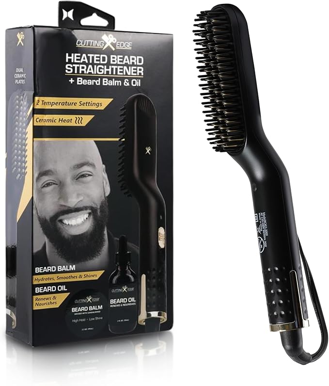 Cutting Edge Heated Beard Straightener Brush for Men Includes Beard Oil &amp Beard Balm Ceramic Heated Brush Auto Shutoff Beard Straightening Hot Comb Tool for Men