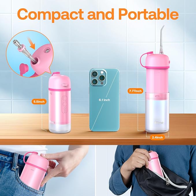 Bitvae P1 Water Flosser for Teeth Portable Mini Water Flosser Cordless Water Teeth Cleaner Picks with Telescopic Water Tank Type-C Rechargeable Oral Irrigator for Travel &amp Home (Pink)