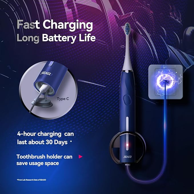 SEAGO Electric Toothbrush with 8 Soft Bristle Heads for Adults Pressure Sensor 5 Modes with 2 Minutes Build in Smart Timer Rechargeable Travel Toothbrush with Brush Hold and Travel Case(2752Blue)