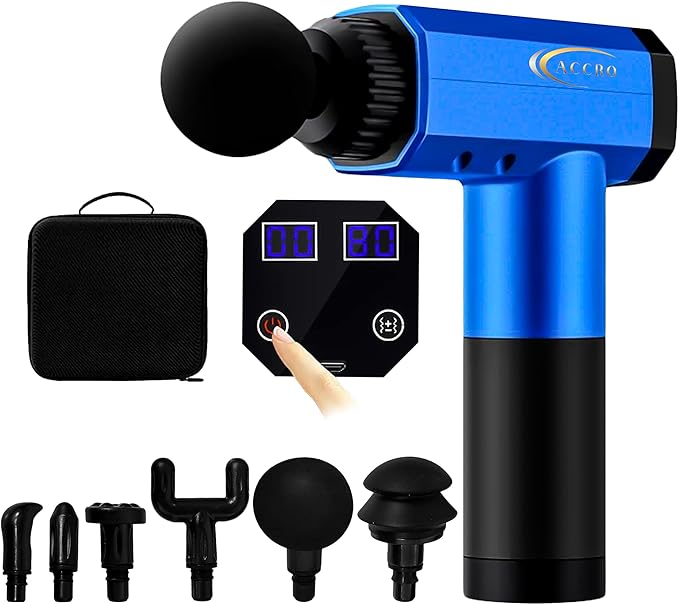 Accro Muscle Massage Gun Deep Tissue. Massage Gun with 6 Attachments. Hand Held Gun Massager for Athletes Muscle Recovery Therapy or Relaxation. Color: Blue. (Comes with Bag)