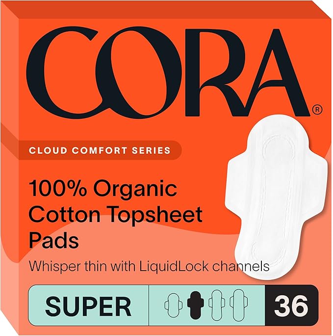 Cora Organic Feminine Care | 36 Super Absorbency Pads and a Menstrual Period Cup | Medical Grade Silicone | Eco-Conscious | Bundle Pack