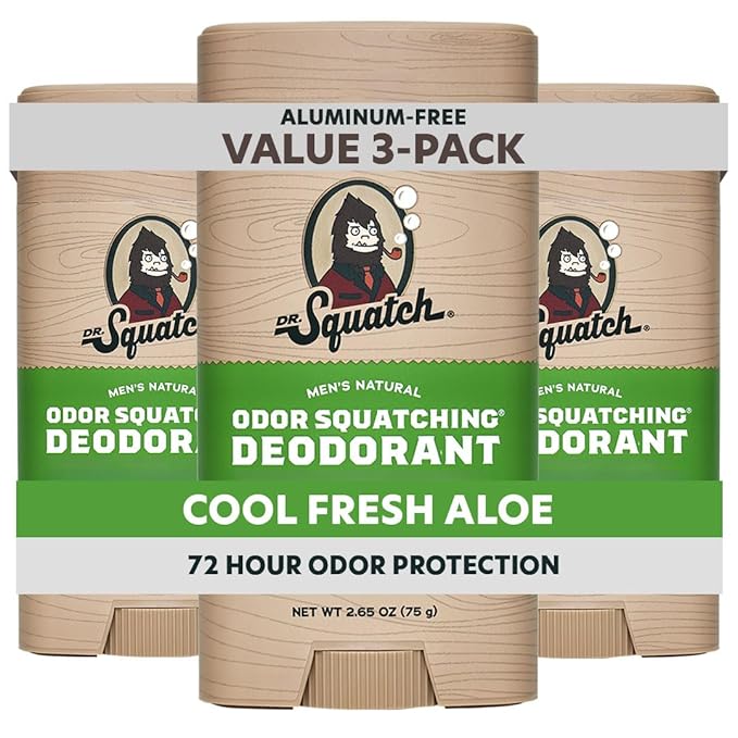 Dr. Squatch Natural Men’s Deodorant – Aluminum Free Natural Deodorant Men with Charcoal &amp Postbiotics for 72-Hour Odor Protection – Cool Fresh Aloe 2.65oz Stick (3-Pack)