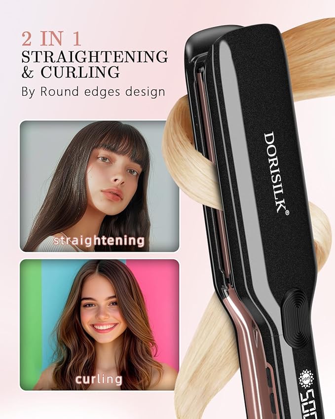 DORISILK 500 Degree High Temp Professional Hair Straightenr  Ceramic Wide Flat Iron 2 in 1 Hair Straightener and CurlerPlasma Flat Iron Get Frizz-Free and Shiny