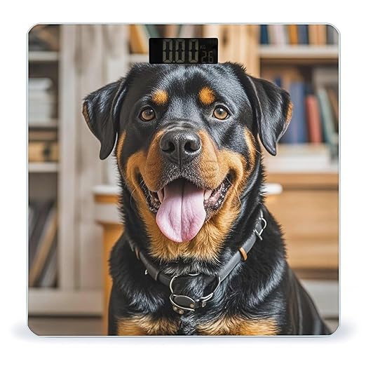 Rottweiler Dogs Tongue Head Bathroom Scale for Body Weight Bathroom Weighing Scales with Back Lit LED Display Sturdy Tempered Glass Body Weight Bathroom Scale 400lb Weighing