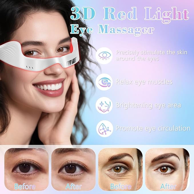 Under Eye Red Light Therapy Device Red Light Therapy GlassesRed 650 NMRed Light Eye Mask for The Treatment of Eye BagsDark CirclesPuffiness periorbital for Treating Acne (White）