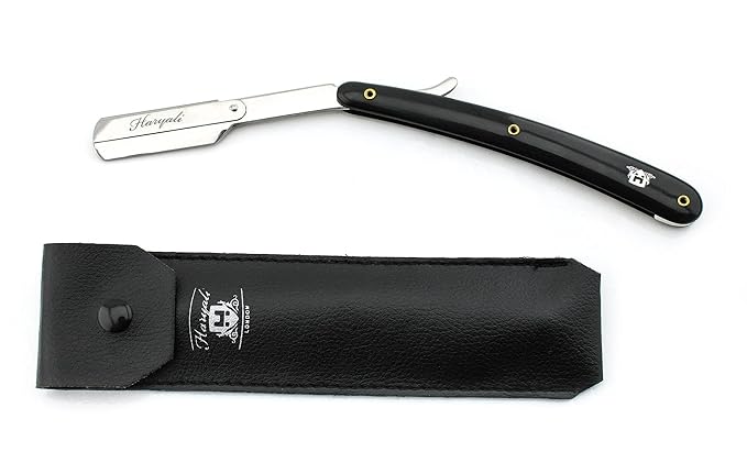 Men's Black Traditional Style Stainless Steel Straight Razor with Leather Pouch (1 Count Reusable Ergonomic Portable)