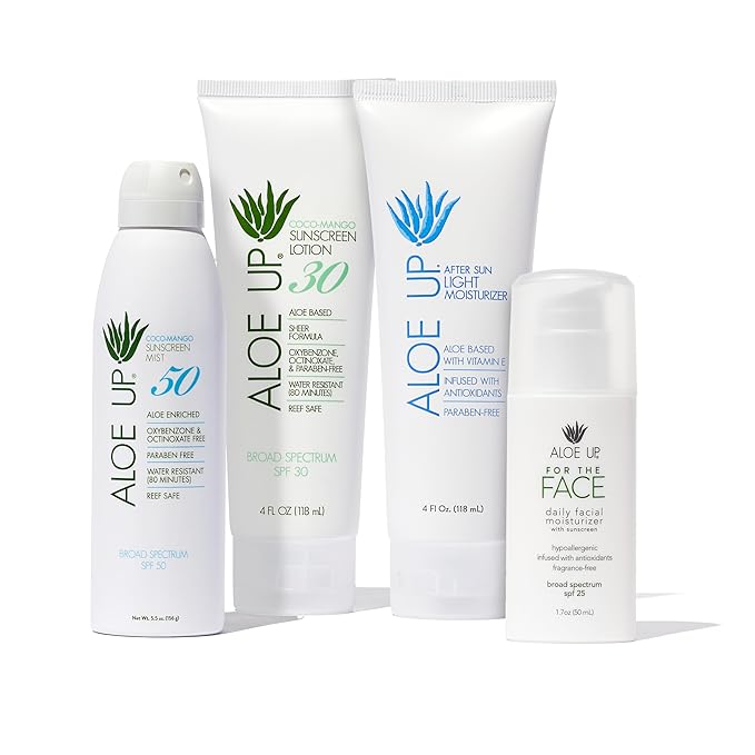 Aloe Up White Collection Sunscreen Spray SPF 50 White Collection Sunscreen Lotion SPF 30 After Sun Light Moisturizer and SPF 25 For the Face Daily Moisturizer Sunscreen - Suncare Bundle - 4 Items