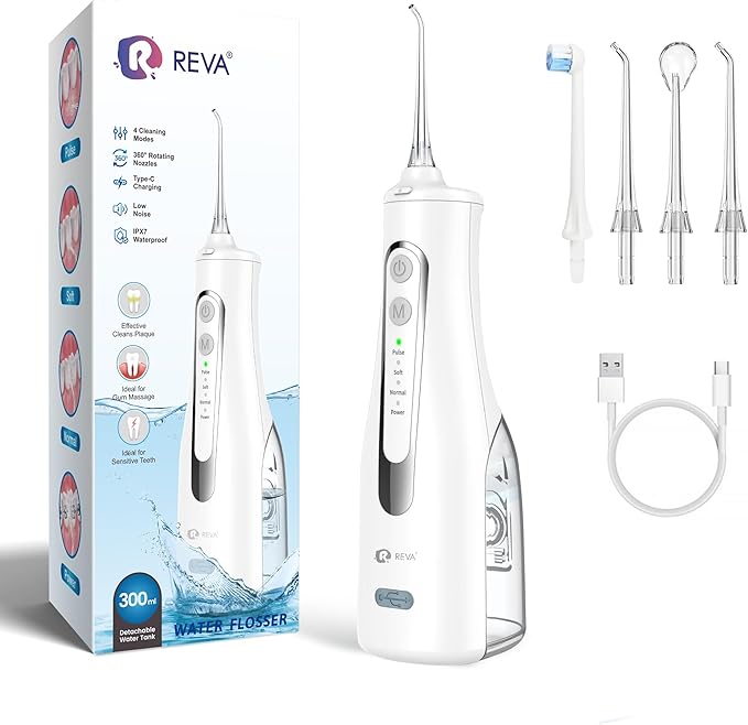 Cordless Oral Irrigator - 4 Modes Water Flosser for Teeth Cleaning 300ML Reservoir 360° Nozzle IPX7 Waterproof 2000mAh Rechargeable Battery 4 Jet Tips Smart Memory Function (M149 - White)