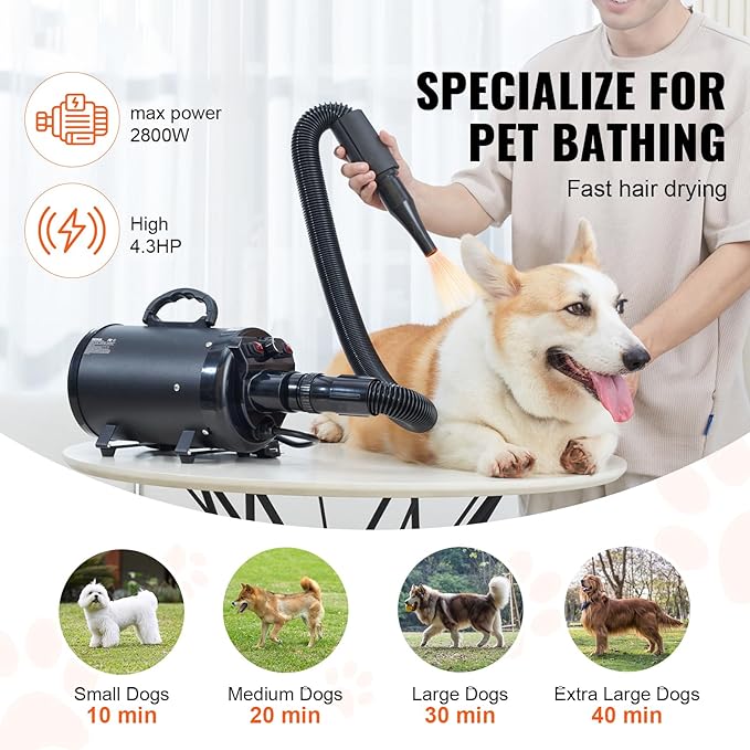 Happybuy Dog Dryer: A 2000W/2.7HP Powerhouse for Pet Grooming. Featuring Adjustable Speed and Temperature Control Along with 4 Nozzles and an Extendable Hose