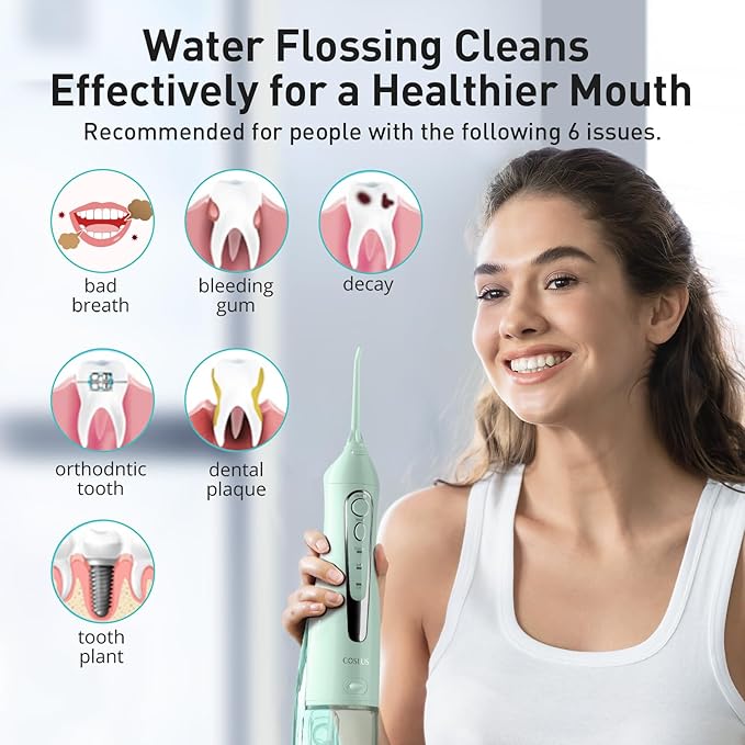 COSLUS Water Dental Flosser Teeth Pick C20(F5020E): Portable Cordless Oral Irrigator 300ML Rechargeable Travel Irrigation Cleaner IPX7 Waterproof Electric Flossing Machine for Teeth Cleaning Green