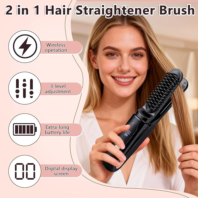 Cordless Hair Straightener Brush Portable Travel Hair Straightener 2 in 1 Cordless Mini Rechargeable Flat Iron &amp Hair Straightener Brush with Dust Cover Digital Display (Black)