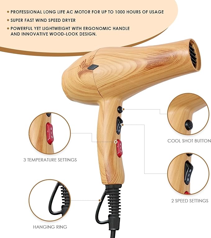 Mr Big Eco Pro Wood Grain Hair Dryer – Innovative Wood Look Design Multiple Speed &amp Heat Settings Cool Shot Button 2 Concentrator Nozzles – Fast Drying Frizz Control