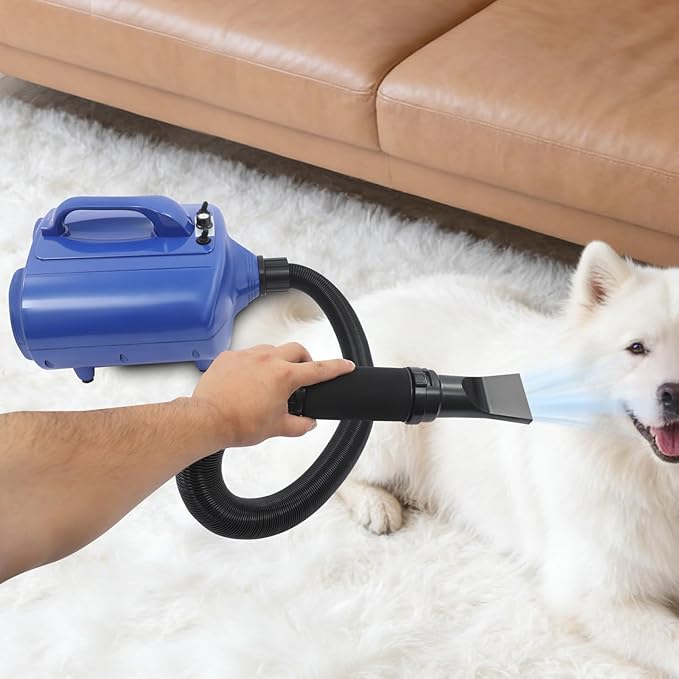3600w Pet Grooming Hair Dryer Adjustable Temperature 77-149℉ &amp Airspeed 98.43-229.66ft/S Dual Motor Dog Cat Dryer with Flexible Hose &amp 2 Nozzles Dog Pet Dryer Blower for Home Pet Shop(Blue)