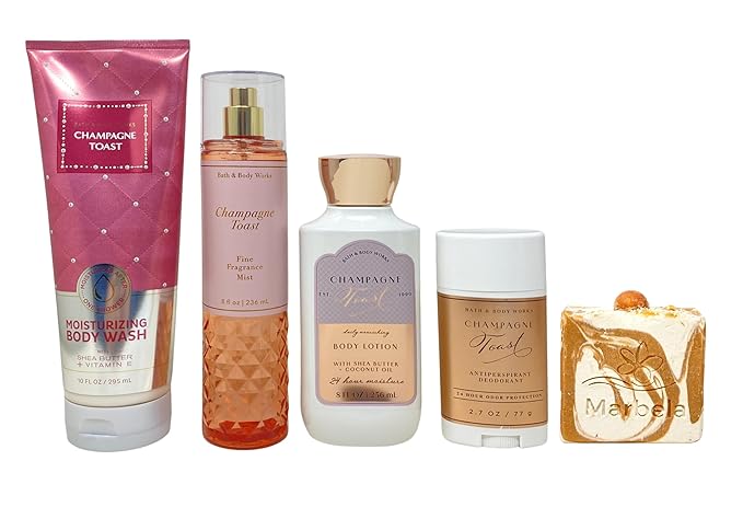 Bath &amp Body Works Champagne Toast Moisturizing Body Wash Fine Fragrance Mist Daily Nourishing Body Lotion and Antiperspirant Deodorant with a Peach Gardenia Bar Soap