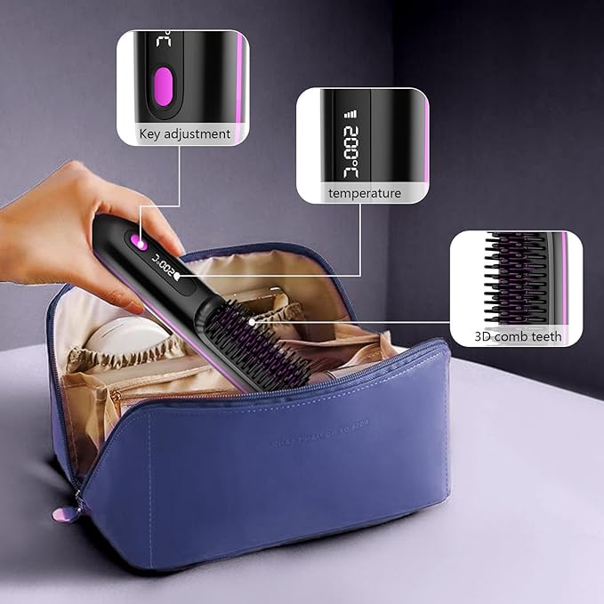 Portable Cordless Hair Straightener Brush Mini Straightening Negative Ion Hot Hair Iron for All Hair Women Travel Anti-Scald Protection (White)