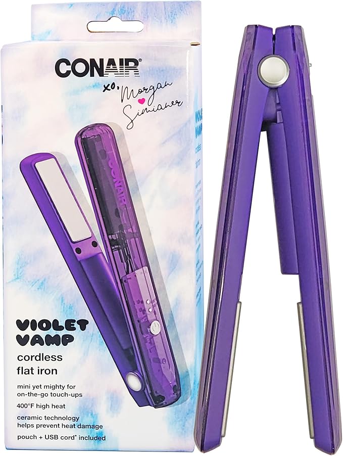 Conair Violet Vamp Women's Cordless Ceramic Hair Straightener - Rechargeable Flat Iron with Ceramic Technology Stylish Pouch Included